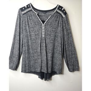 Lucky Brand Embroidered Mandala Peasant Top 2X Plus Boho Black White Tunic